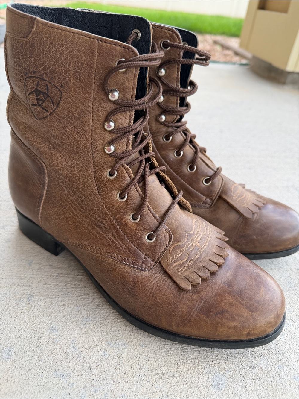Ariat Brown Leather Lace-Up Fringe Western Boots